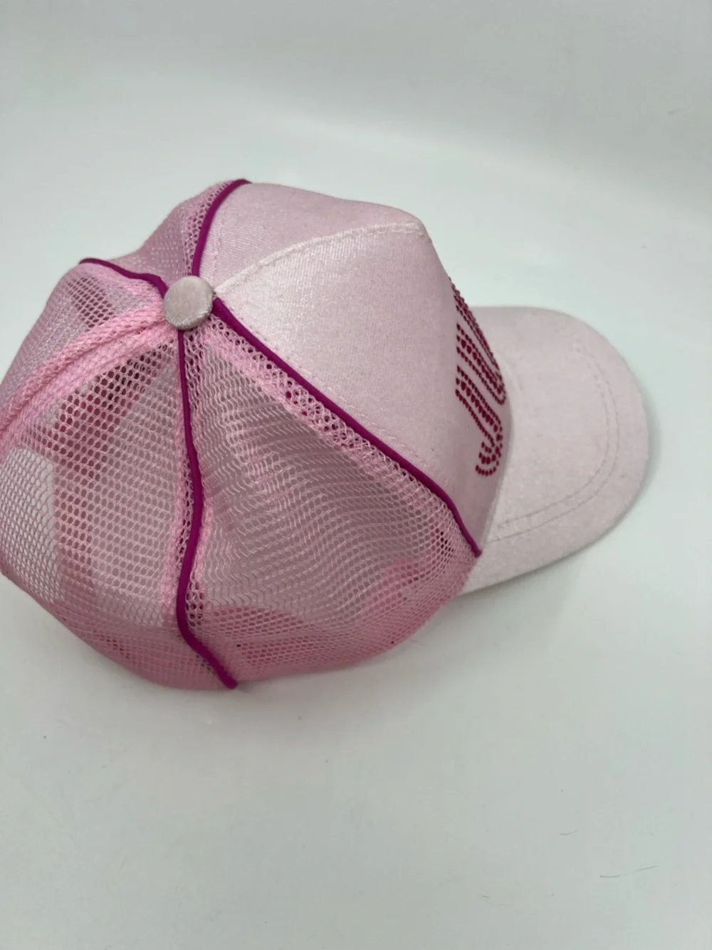 Juicy Couture Kid’s Baseball Cap Pink Velour with Jeweled Logo Trucker Mesh